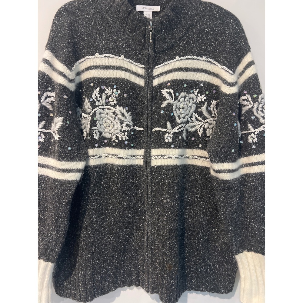 Woman's Angora Blend Embroidered Floral Full Zip‎ Cardigan Sweater Size 18-20 - Picture 3 of 8
